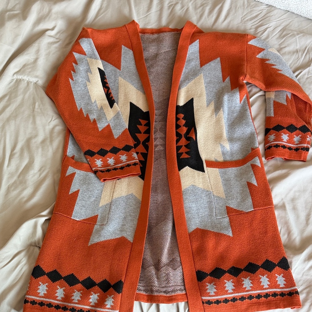 Open-Front Aztec Pattern Cardigan Sweater - Orange, Grey & Cream